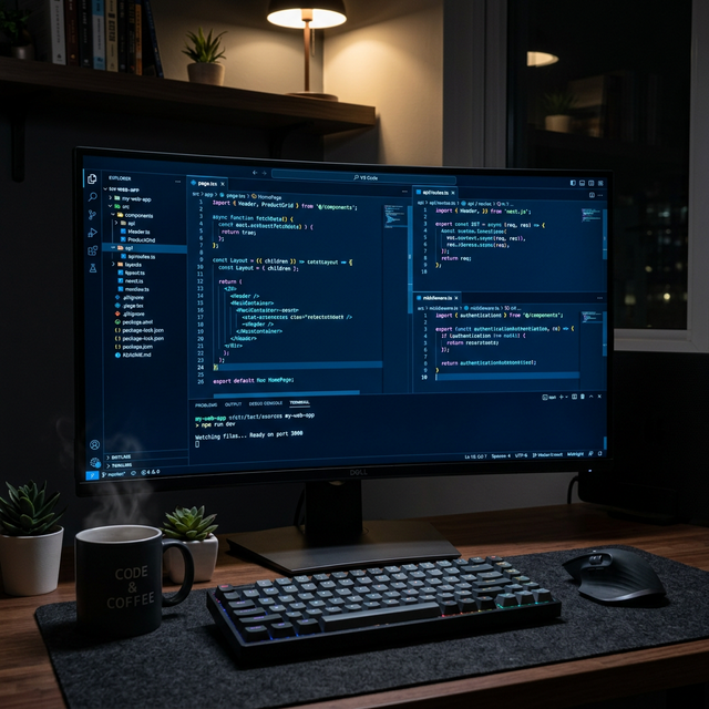 A sleek dark midnight IDE workspace with luminous blue code fragments displaying modern web development architecture